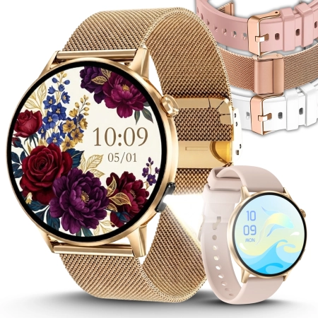 Smartwatch Damski Zegarek Rozmowy BT Zdrowie Sen SMS Polskie Menu Złoty