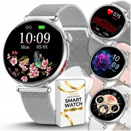 Smartwatch Zegarek Damski Angelo AT491 srebrny EKG Ciśnienie HRV BPM Menu PL