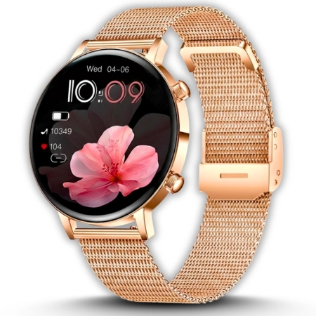 Smartwatch Damski Elegancki Zegarek AMOLED Rozmowy BT 3 Paski Złoty PL IP68