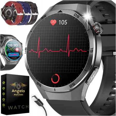 Smartwatch Męski Angelo AT456 czarny EKG Glikemia Skład Krwi PPG Rozmowy Menu PL 3 Paski