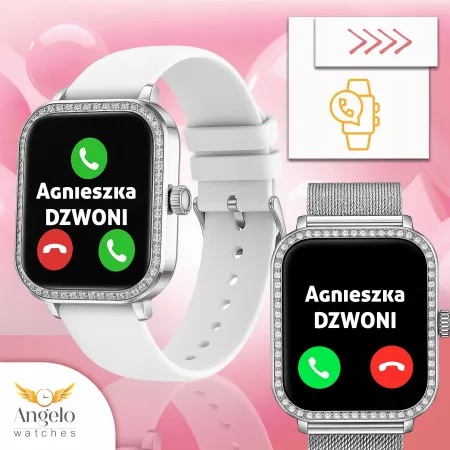 Smartwatch Zegarek Damski Angelo AK88 srebrny Rozmowy Puls Powiadomienia Menu PL