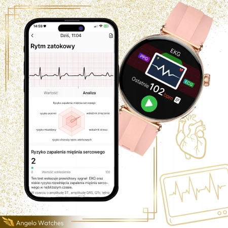 Smartwatch Zegarek Damski Kardio EKG Ciśnienie Rozmowy Cyrkonie Menu PL