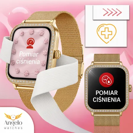 Smartwatch Zegarek Damski Angelo AK88 srebrny Rozmowy Puls Powiadomienia Menu PL