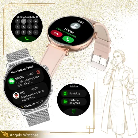 Smartwatch Zegarek Damski Angelo AT491 złoty Kardiowatch EKG Ciśnienie HRV BPM Menu PL