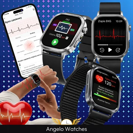 Smartwatch Męski Zegarek Angelo AT573 Srebrny Glukoza Rozmowy Ciśnienie EKG AMOLED Puls Menu PL