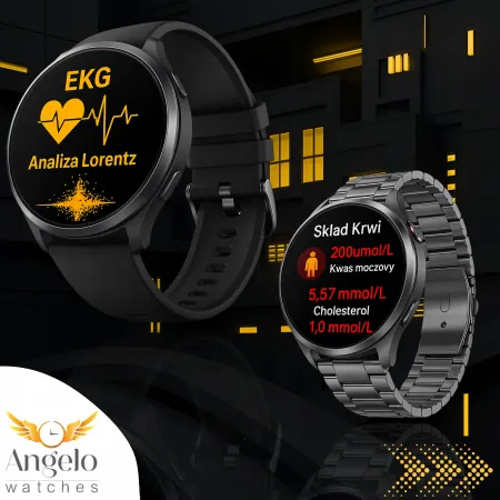 Smartwatch Zegarek Męski Angelo AT475 czarny Kardiowatch EKG HRV Rozmowy Menu PL 4 Paski
