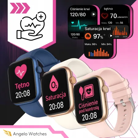 Smartwatch Zegarek Damski Angelo AQX7 PRO złoty Rozmowy SMS Sport Zdrowie Menu PL 4 Paski
