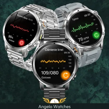 Smartwatch Wodoodporny Zegarek Męski Angelo AK95 Srebrny Menu PL Rozmowy Ciśnienie Smart Watch