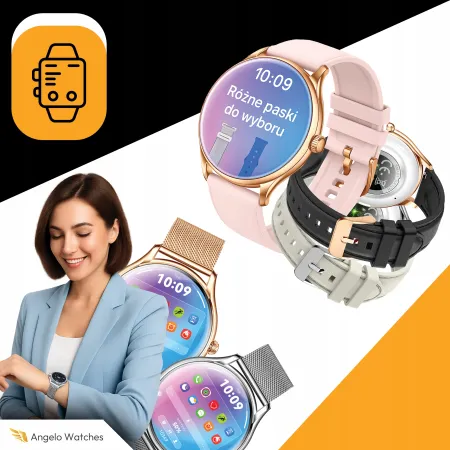 Smartwatch Zegarek Damski Angelo AQS36 złoty Powiadomienia Rozmowy Menu PL 4 Paski