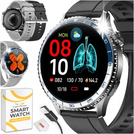 Smartwatch Zegarek Męski Angelo AT900 czarny EKG Pomiar Cukru HRV Rozmowy Paski Szkło Menu PL