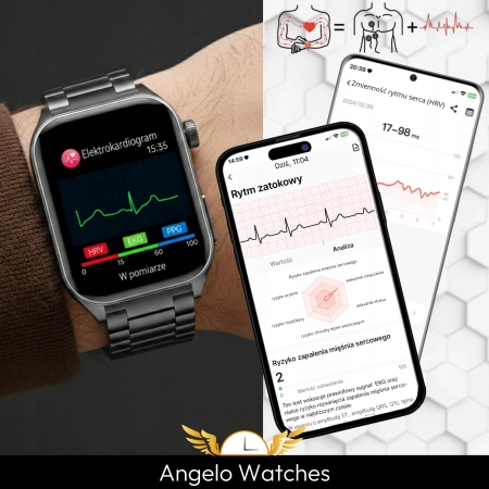 Smartwatch Męski Zegarek Kardiowatch Angelo AT810 czarny EKG Rozmowy Menu PL Laseroterapia