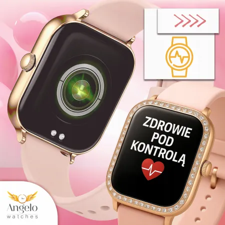 Smartwatch Damski Zegarek Angelo AK88 złoty Rozmowy Puls Powiadomienia Menu PL 4 Paski