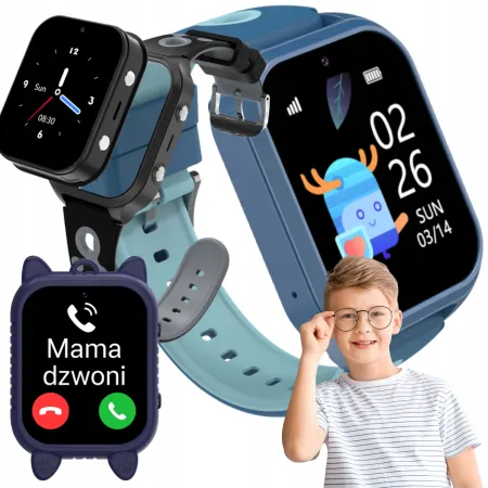 Smartwatch Dla Dziecka Angelo AW56 niebieski GPS 4G Rozmowy Etui SIM Aparat Telefon Gry Menu PL