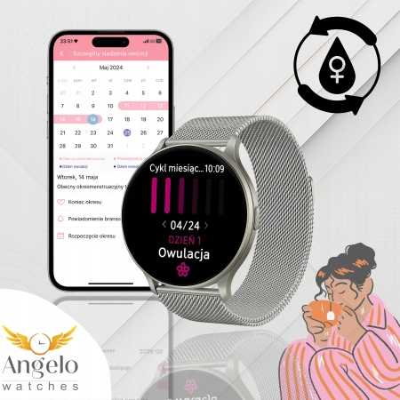 Smartwatch Damski Angelo DM90 czarny AMOLED Rozmowy Sport Zdrowie Menu PL