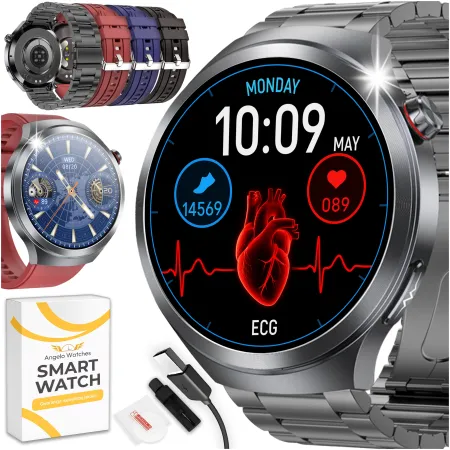 Smartwatch Zegarek Męski Angelo AT475 czarny Kardiowatch EKG HRV Rozmowy Menu PL 4 Paski