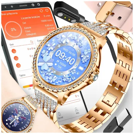 Smartwatch Zegarek Damski Angelo A58 złoty Cyrkonie Rozmowy Ciśnienie Menu PL