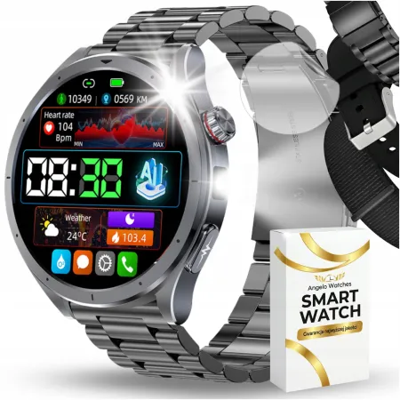 Smartwatch Męski Zegarek Angelo AT472 czarny Glukoza Rozmowy Ciśnienie EKG Amoled Puls Menu PL