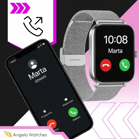 Smartwatch Damski Zegarek Angelo AK90 złoty Powiadomienia Rozmowy Menu PL 4 Paski