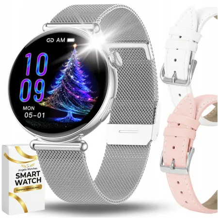 Smartwatch Zegarek Damski Angelo AT491 srebrny Pomiar Cukru EKG Ciśnienie HRV BPM Menu PL