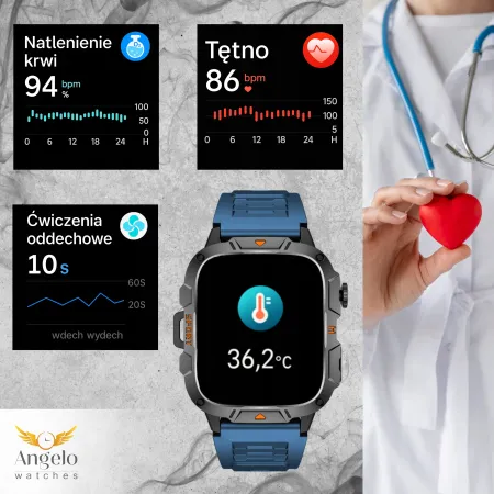 Smartwatch Męski Zegarek Angelo QX12 czarny Wodoodporny Rozmowy Puls Sport Menu PL