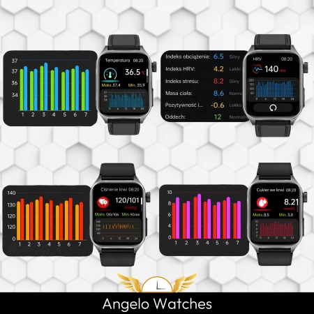 Smartwatch Męski Zegarek Kardiowatch Angelo AT810 czarny EKG Rozmowy Menu PL Laseroterapia