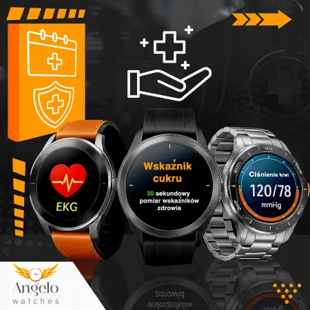 Smartwatch Męski Angelo AT456 czarny EKG Glikemia Skład Krwi PPG Rozmowy Menu PL 3 Paski