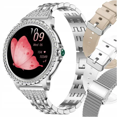 SMARTWATCH DAMSKI ZEGAREK ANGELO AX19 SREBRNY ROZMOWY CIŚNIENIE PULS CYRKONIE MENU PL