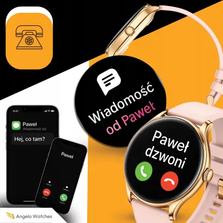 Smartwatch Zegarek Damski Angelo AQS36 złoty Powiadomienia Rozmowy Menu PL 4 Paski