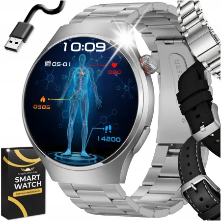 Smartwatch Zegarek Męski Kardiowatch Angelo AT200 Srebrny Ciśnieniomierz Ekg Hrv Paski Menu Pl
