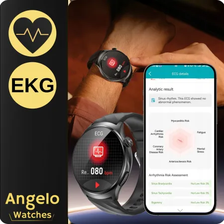Smartwatch Kardiowatch Zegarek Angelo AT600 czarny Pomiar Cukru HRV BMI Rozmowy Menu PL