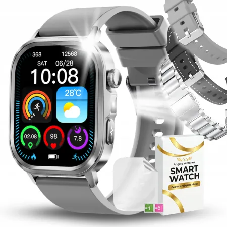 Smartwatch Męski Zegarek Angelo AT573 Srebrny Glukoza Rozmowy Ciśnienie EKG AMOLED Puls Menu PL