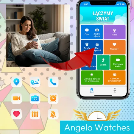 Smartwatch Dla Dziecka Angelo AW56 niebieski GPS 4G Rozmowy Etui SIM Aparat Telefon Gry Menu PL