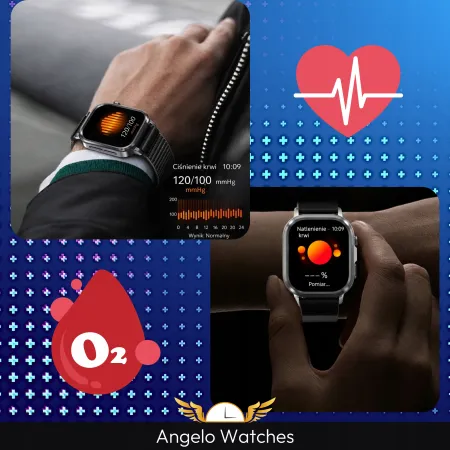 Smartwatch Męski Zegarek Angelo AT573 Srebrny Glukoza Rozmowy Ciśnienie EKG AMOLED Puls Menu PL