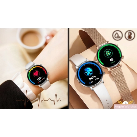 Smartwatch Damski Elegancki Zegarek AMOLED Rozmowy BT 3 Paski Złoty PL IP68