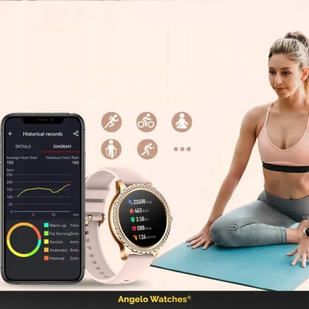 Smartwatch Zegarek Damski Angelo A58 złoty Cyrkonie Rozmowy Ciśnienie Menu PL