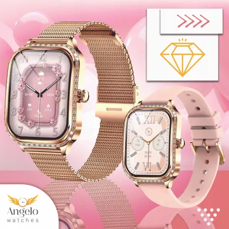 Smartwatch Zegarek Damski Angelo AK88 srebrny Rozmowy Puls Powiadomienia Menu PL