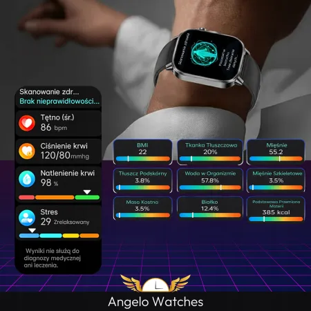 Smartwatch Damski Zegarek Angelo AT571 Różowy Ciśnienie Kardio Rozmowy EKG AMOLED Puls Menu PL