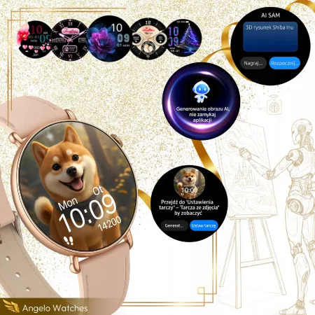 Smartwatch Zegarek Damski Angelo AT491 złoty Kardiowatch EKG Ciśnienie HRV BPM Menu PL