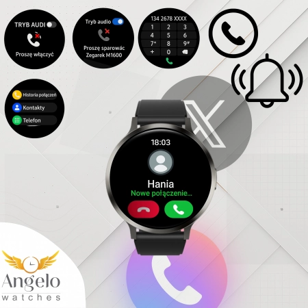 Smartwatch Damski Angelo DM90 czarny AMOLED Rozmowy Sport Zdrowie Menu PL