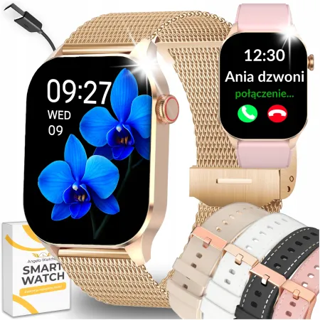 Smartwatch Zegarek Damski Angelo AW98 złoty Tętno Ciśnienie Sen Rozmowy SMS Menu PL 5 Pasków