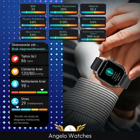 Smartwatch Męski Zegarek Angelo AT573 czarny Glukoza Rozmowy Ciśnienie EKG Amoled Puls Menu Pl