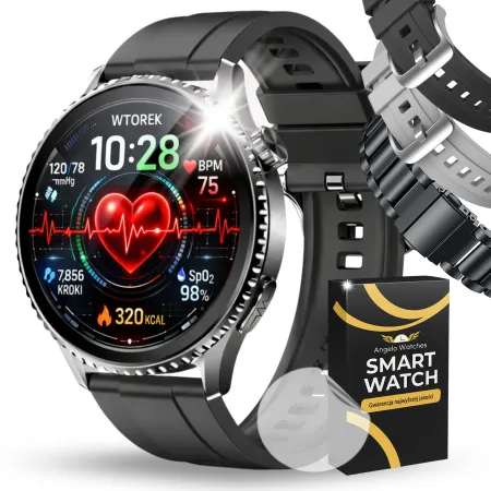 Smartwatch Zegarek Męski Angelo AT800 czarny Kardiowatch EKG HRV Rozmowy Sport Puls Menu PL