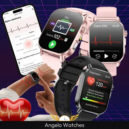 Smartwatch Męski Zegarek Angelo AT571 Czarny Ciśnienie Kardio Rozmowy EKG AMOLED Puls Menu PL
