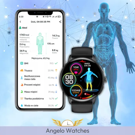 Smartwatch Męski Zegarek Angelo AT473 Czarny Glukoza Rozmowy Ciśnienie EKG AMOLED Puls Menu PL
