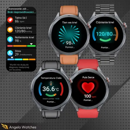 Smartwatch Męski Zegarek Angelo AT472 czarny Glukoza Rozmowy Ciśnienie EKG Amoled Puls Menu PL
