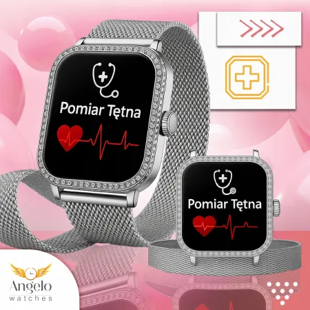 Smartwatch Zegarek Damski Angelo AK88 srebrny Rozmowy Puls Powiadomienia Menu PL