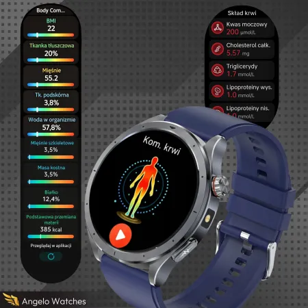 Smartwatch Męski Zegarek Angelo AT472 czarny Glukoza Rozmowy Ciśnienie EKG Amoled Puls Menu PL