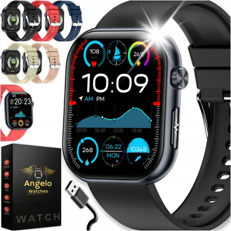 Smartwatch Dla Seniora Angelo AT587 czarny Zegarek Kardiowatch Rozmowy EKG HRV 5 Pasków Menu PL