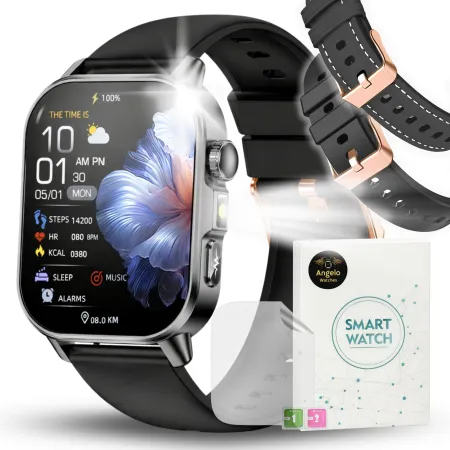 Smartwatch Męski Zegarek Angelo AT571 Czarny Ciśnienie Kardio Rozmowy EKG AMOLED Puls Menu PL