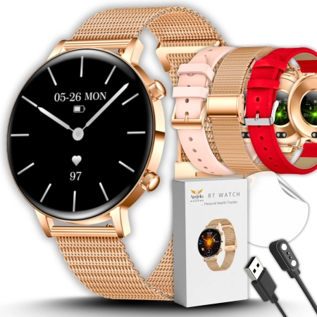 Smartwatch Damski Elegancki Zegarek AMOLED Rozmowy BT 3 Paski Złoty PL IP68